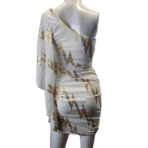 Emerald Sundae Asymmetrical Bodycon Dress With Gold Sequin Pattern - Picture 2 of 15